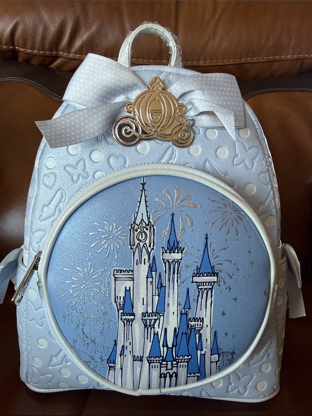 Disney Light Blue Kids Mini Backpack with Castle Print and Gold Carriage Emblem